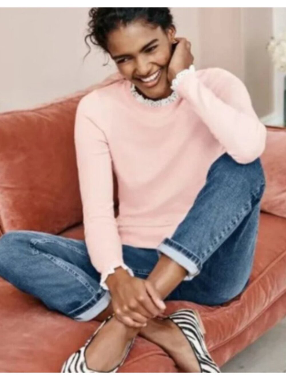 Boden Lincoln Frill Jumper Eyelet Lace Collar Crewneck Cotton Sweater Pink
